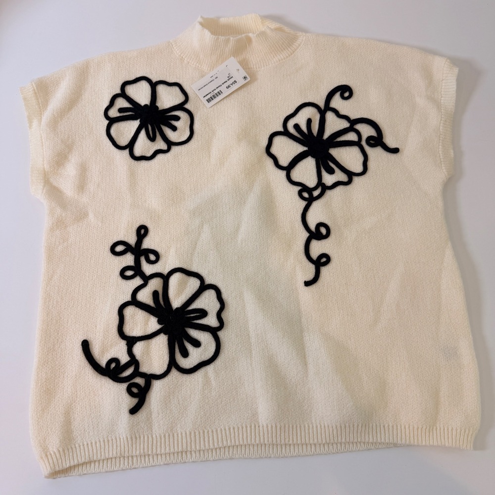 Blu Pepper Womens Cream Black Floral Embroidered Mock Neck Sweater Large